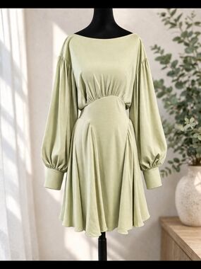 Free People Pistachio Open Back Dress Medium Balloon Sleeve Flowy Boho